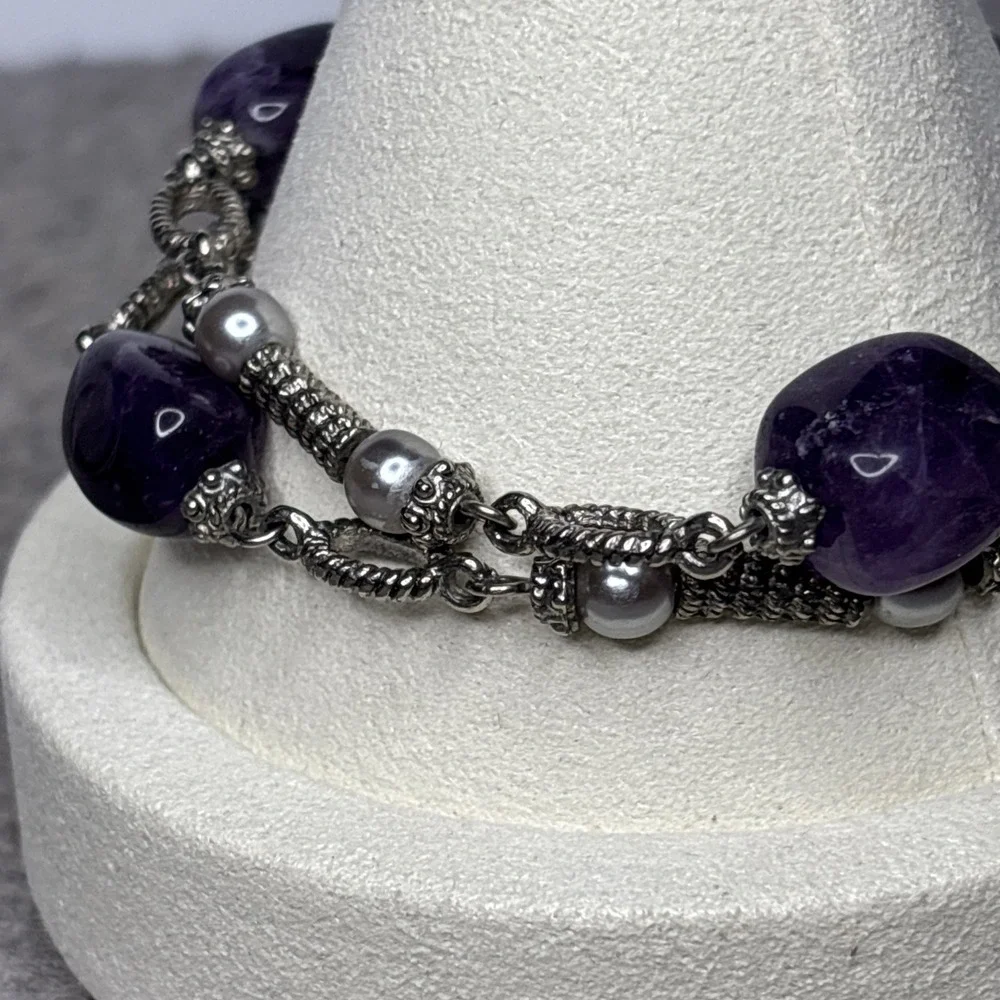 Amethyst Gemstone Double Strand Bracelet Silver Toned Toggle Clasp 7.25